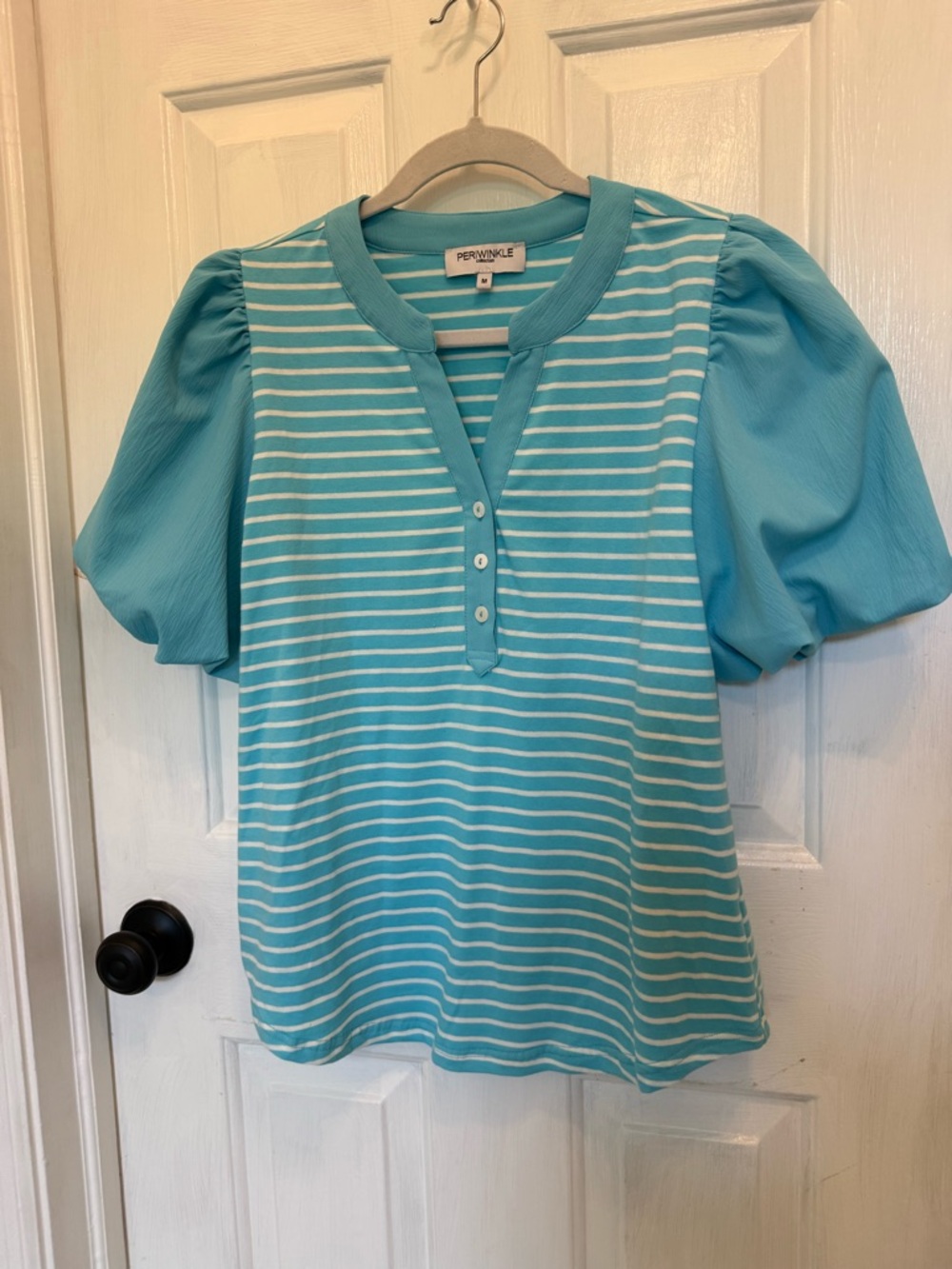 Striped Aqua Puff-Sleeve Henley Top